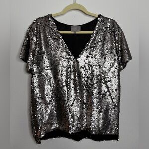 Anthropologie Silver Sequin Short Sleeve Top